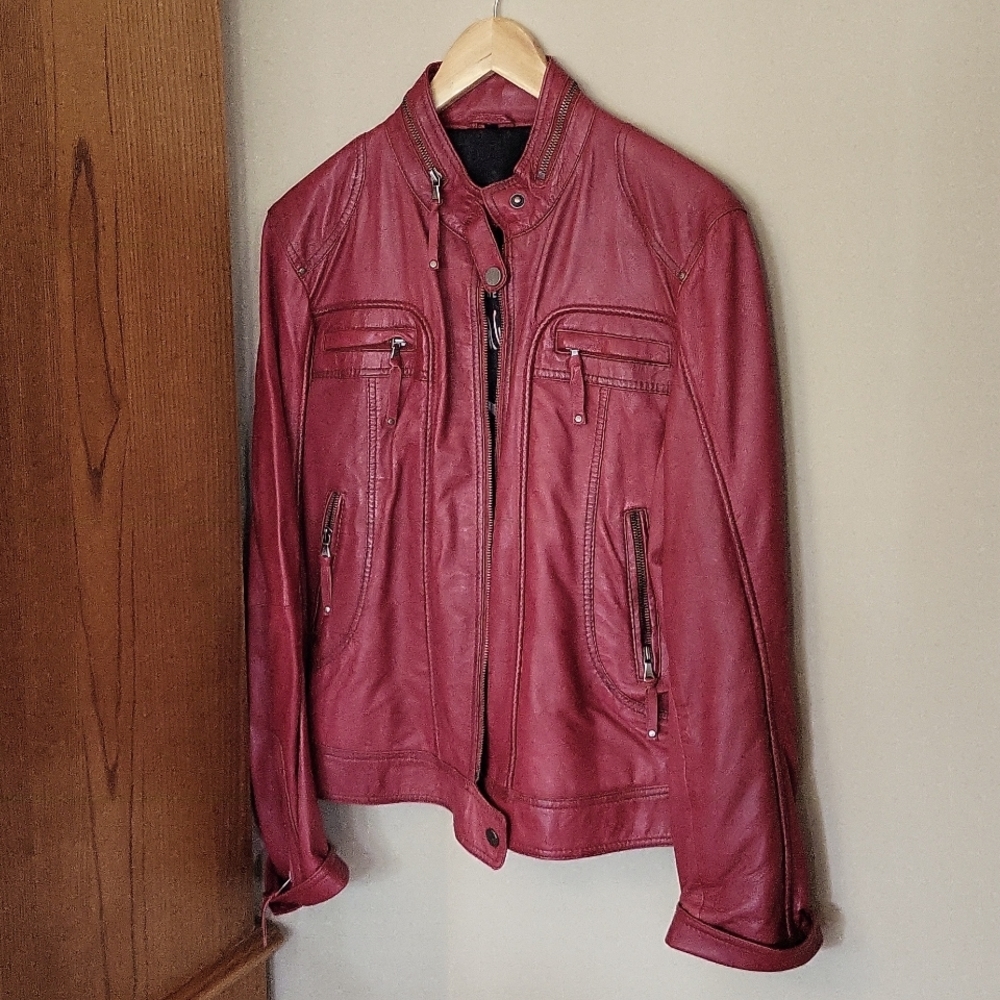 Red genuine leather jacket, fits small